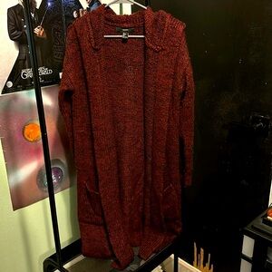 forever 21 thick, red knit cardigan with hood